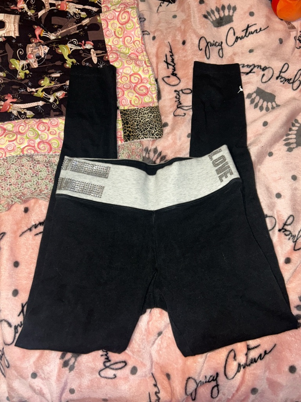 PINK Victoria's Secret Black Leggings with Gray Waistband and Silver Accents